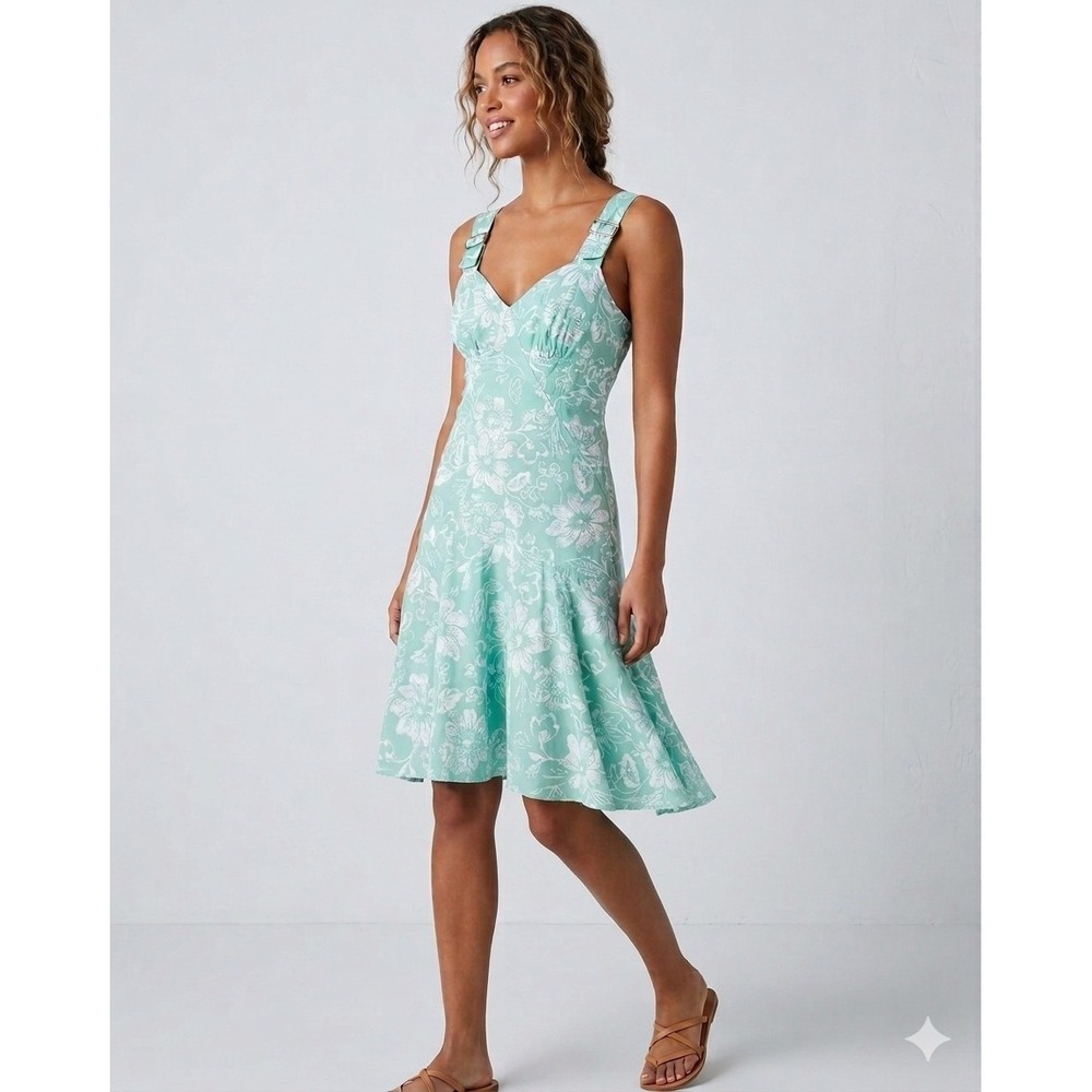 Together Floral Dress Sz 4 Green Tropical‎ 100% Cotton Fit & Flare High Low Hem